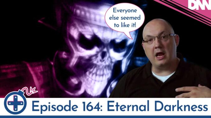 Denis Dyack in front of Eternal Darkness boss